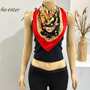 Made In Italy Silk Moon Stars Red Black Square Scarf 34” X 34”